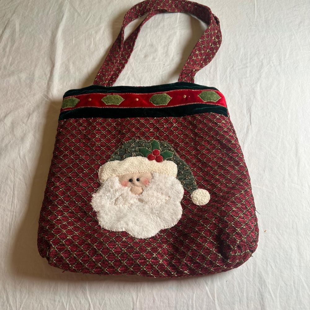Vintage Christmas Santa Claus Tapestry Tote Bag Red Gold Metallic Velvet Trim